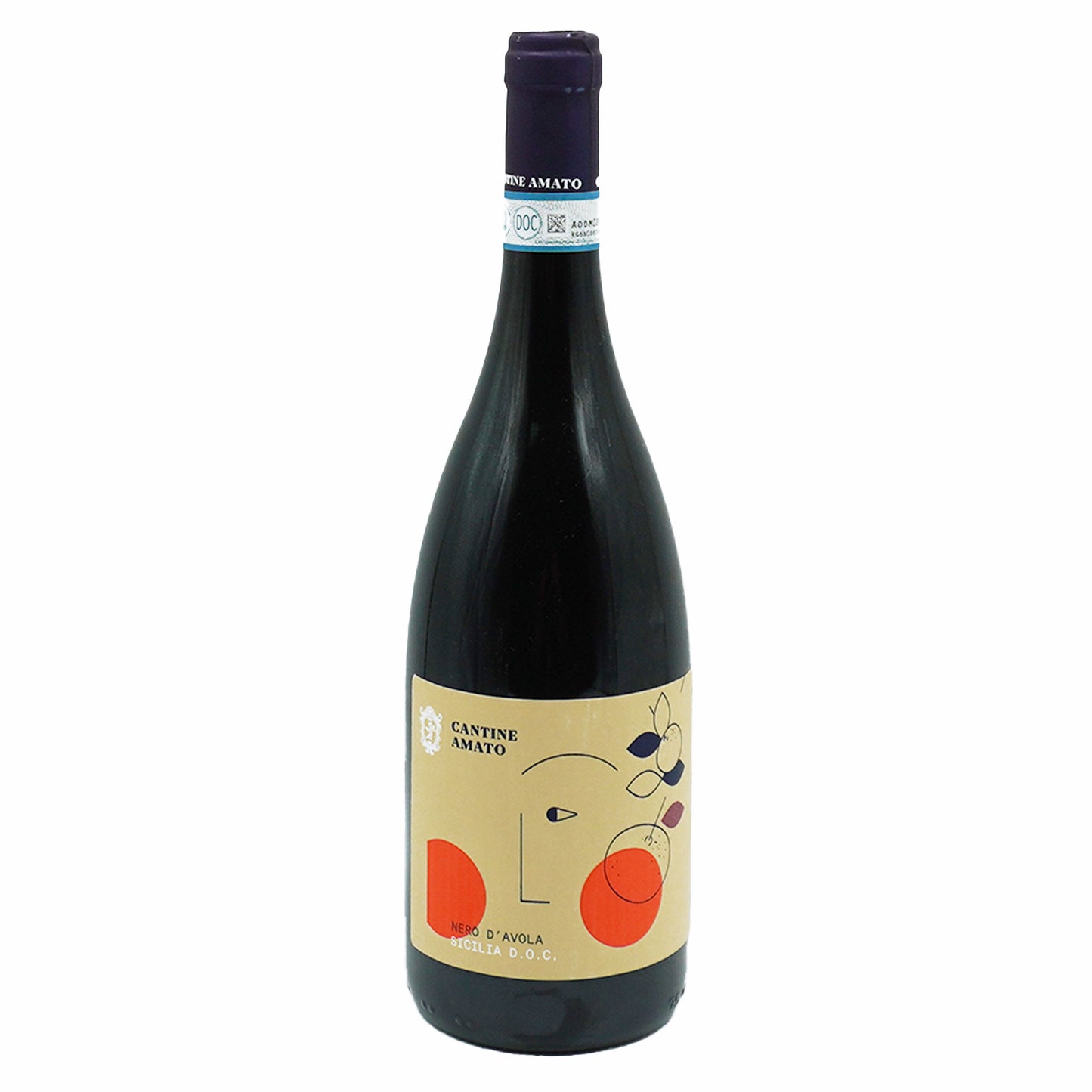 This image features a bottle of "Cantine Amato Nero D'Avola" from Italy. The wine bottle, tall and slender, is adorned with a uniquely designed label that captures attention.