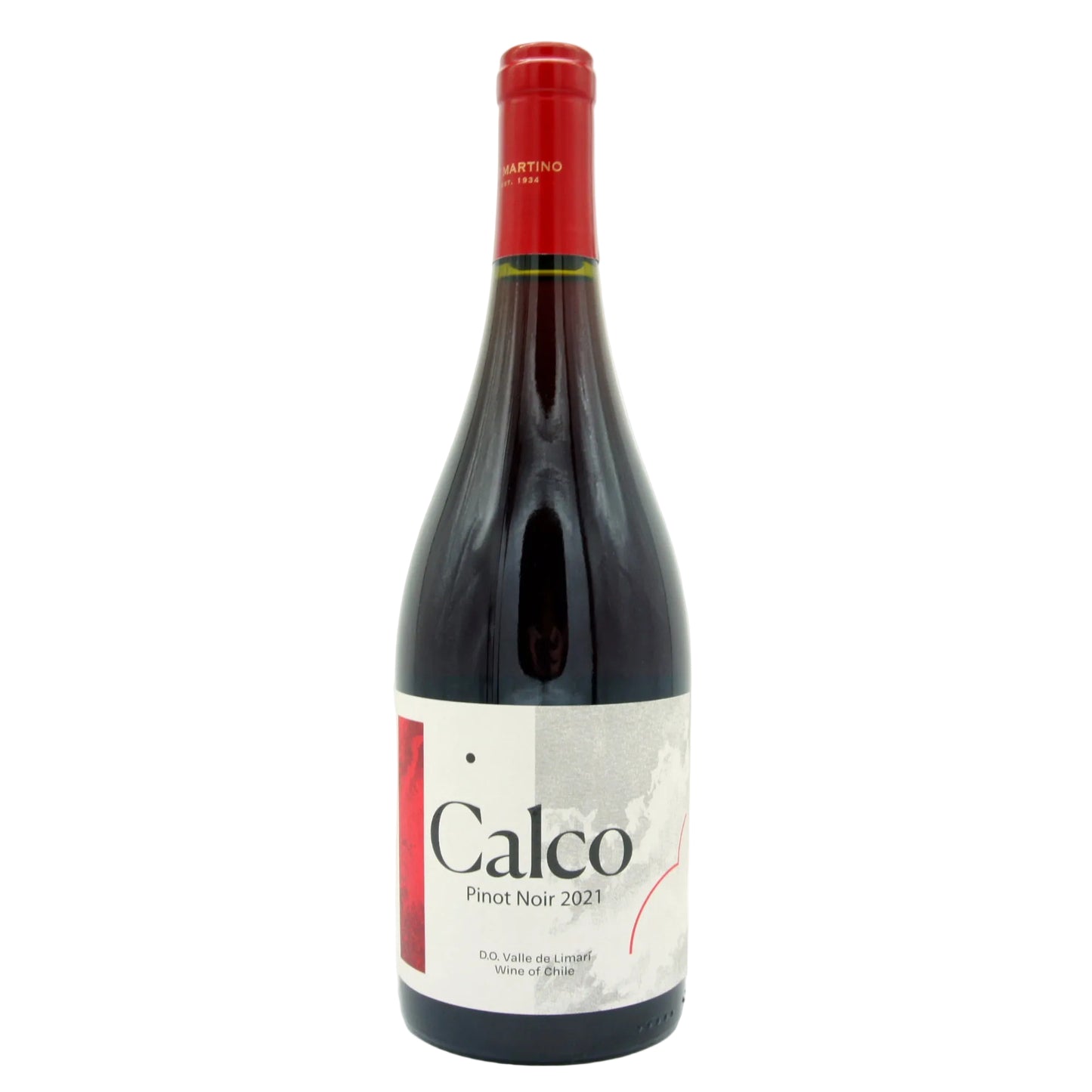A bottle of Calco Pinot Noir wine with a predominantly white label and red cap.