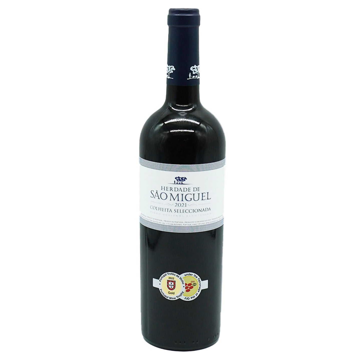 A bottle of Herdade Sao Miguel Tinto wine with a white label and decorative elements on the label, typical of a premium Portuguese wine.