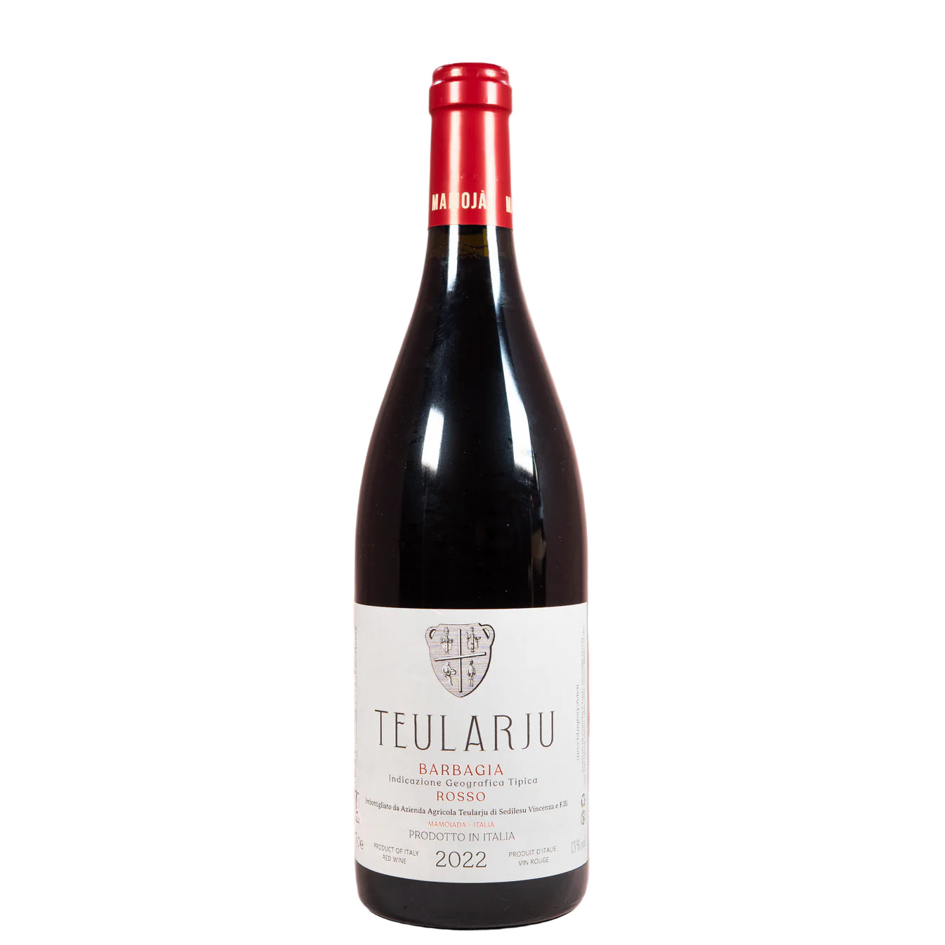 Bottle of Teularju Barbagia Rosso featuring white label with a crest, set against a white background.