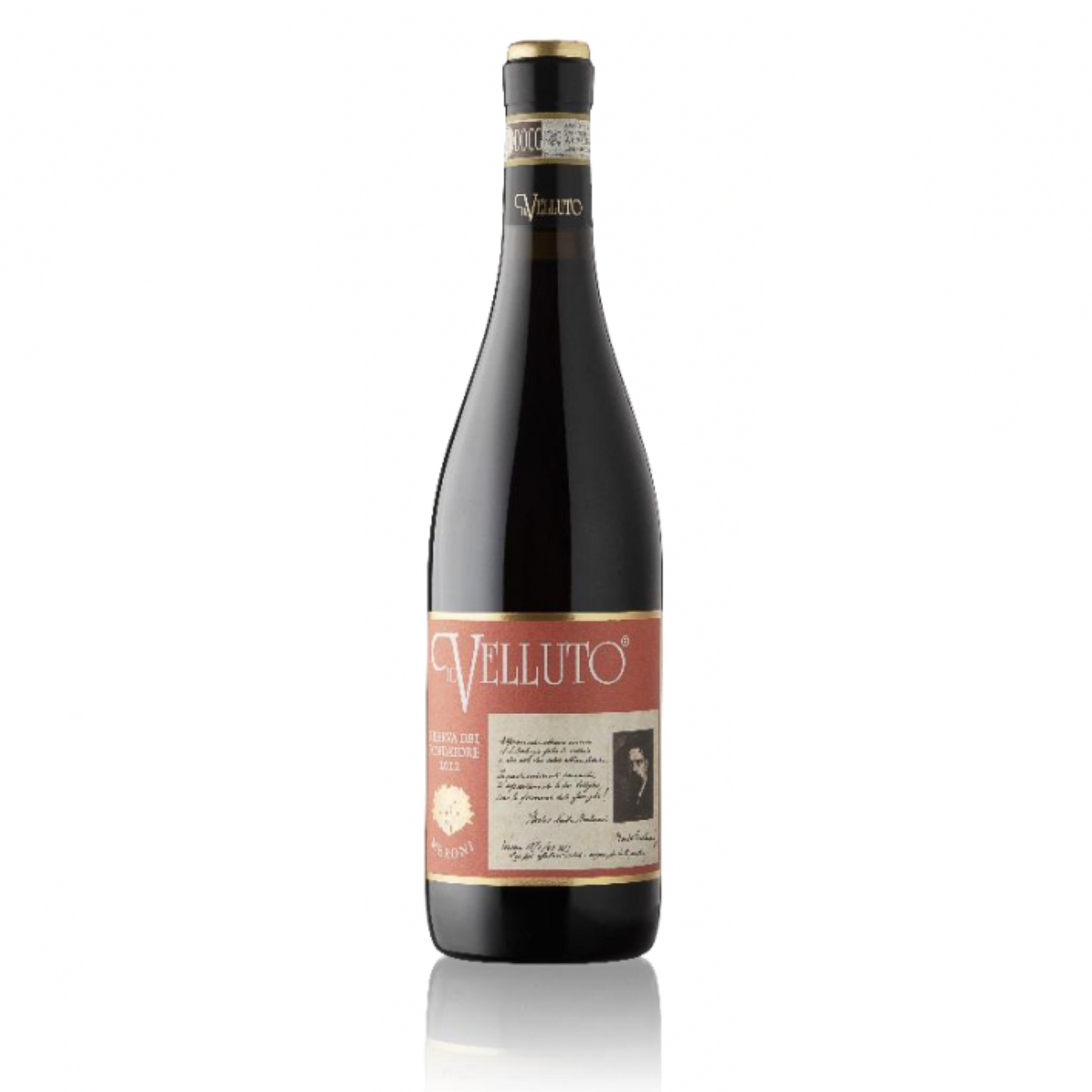 Velluto Riserva del Fontatore 2012 in orange colourway on white background.