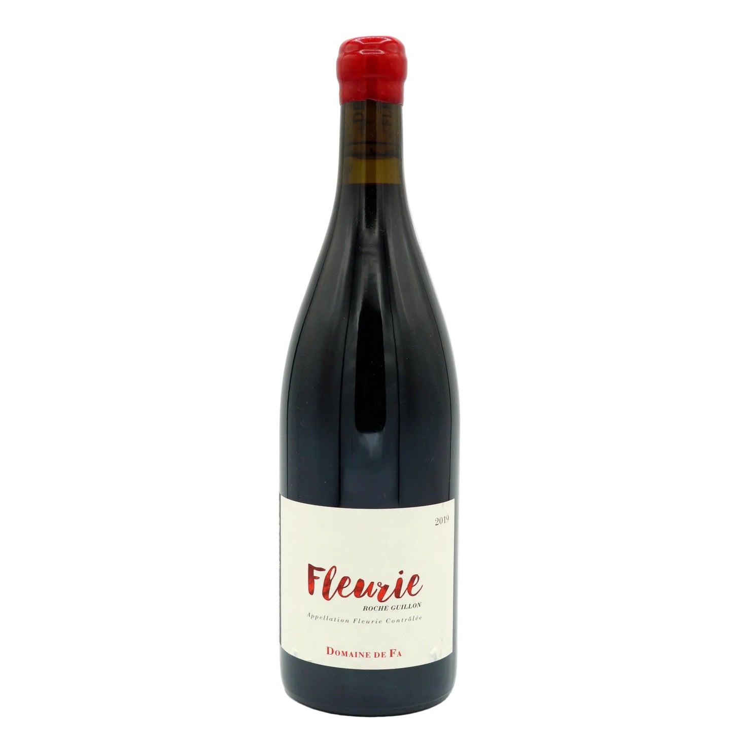 A bottle of Domaine de Fa 'Fleurie' red wine with a red cap and a label that includes the name 'Fleurie' and the producer's name.