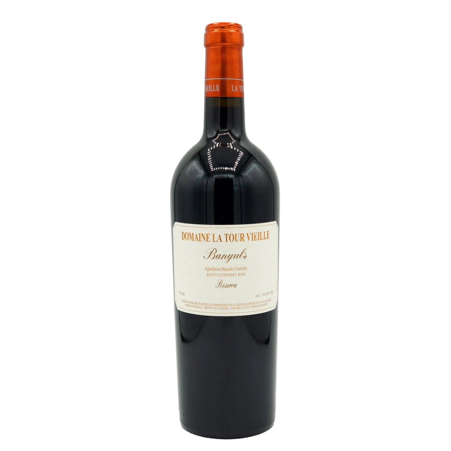 Bottle of Domaine la Tour Vielle Banyuls 'Reserva' sweet red dessert wine with a dark label and orange cap.