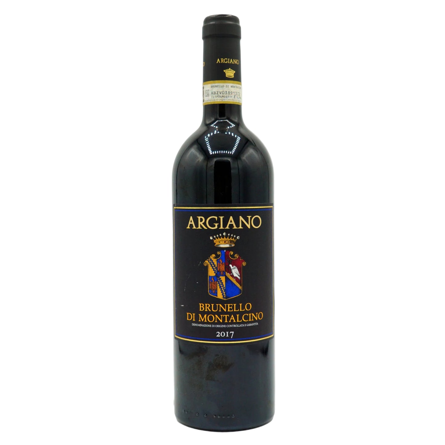 A bottle of Agriano Brunello Di Montalcino wine with a label displaying the brand name and a coat of arms.
