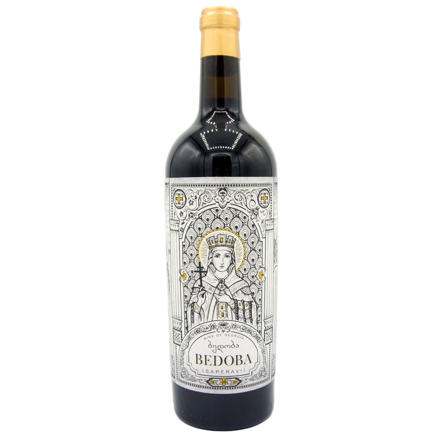A bottle of Bedoba Saperavi wine with a dark label, featuring an illustration of a figure in a crown and the text 'Bedoba' prominently displayed.
