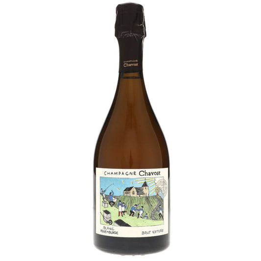 A bottle of Blanc d'Assemblage set against a white background. Its label playfully illustratedfdepicting the vineyard workers pruning the vines with the church of Chavot-Courcourt on the horizon