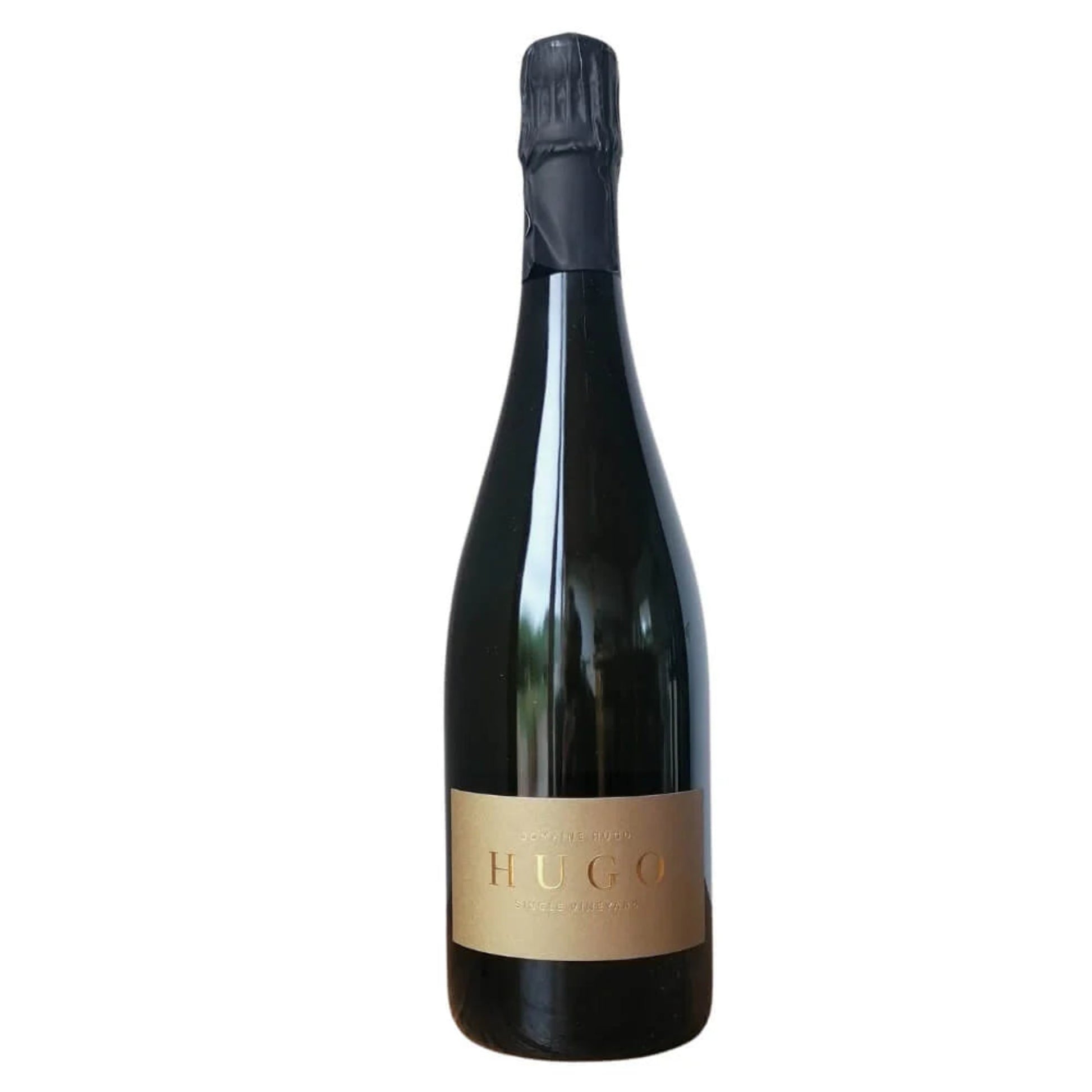 Bottle of Domaine Hugo sparkling wine, black foil with gold label.