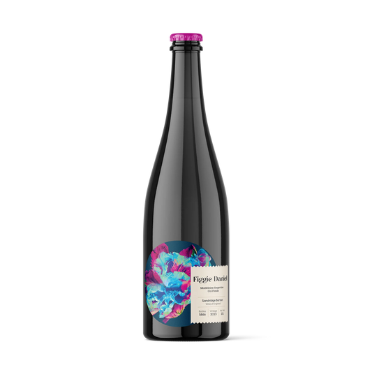 Black crown capped wine bottle with abstract flower wine label on a white background