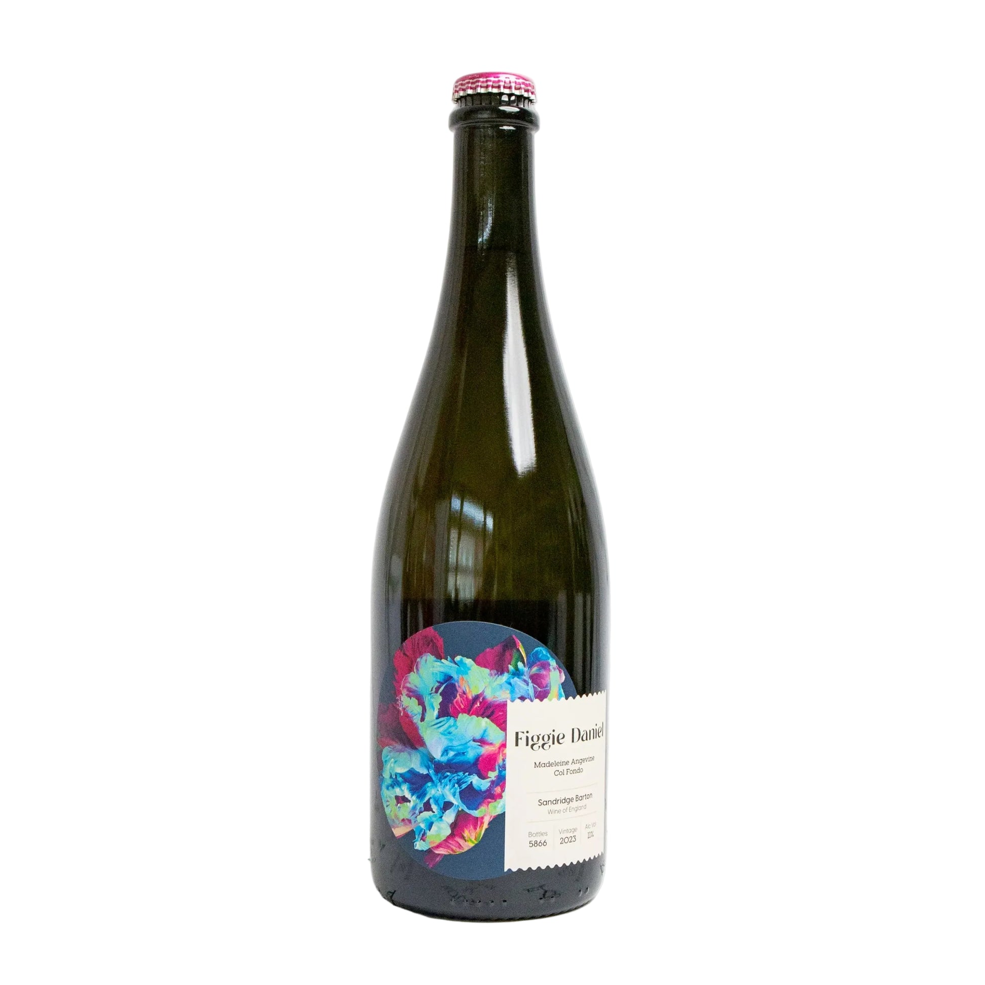 Wine bottle with a colorful label on a white background