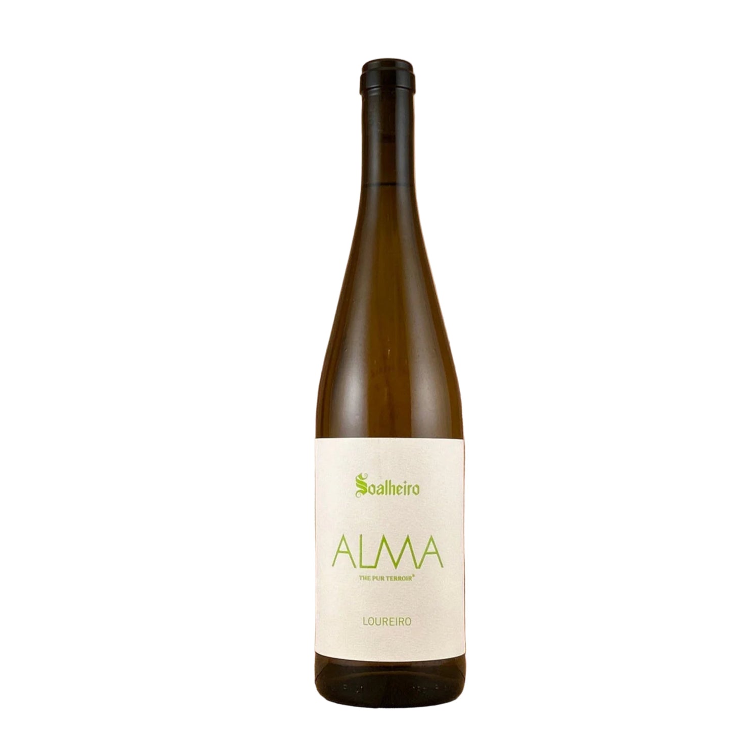Bottle of Alma wine, white label with green writing on a white background.