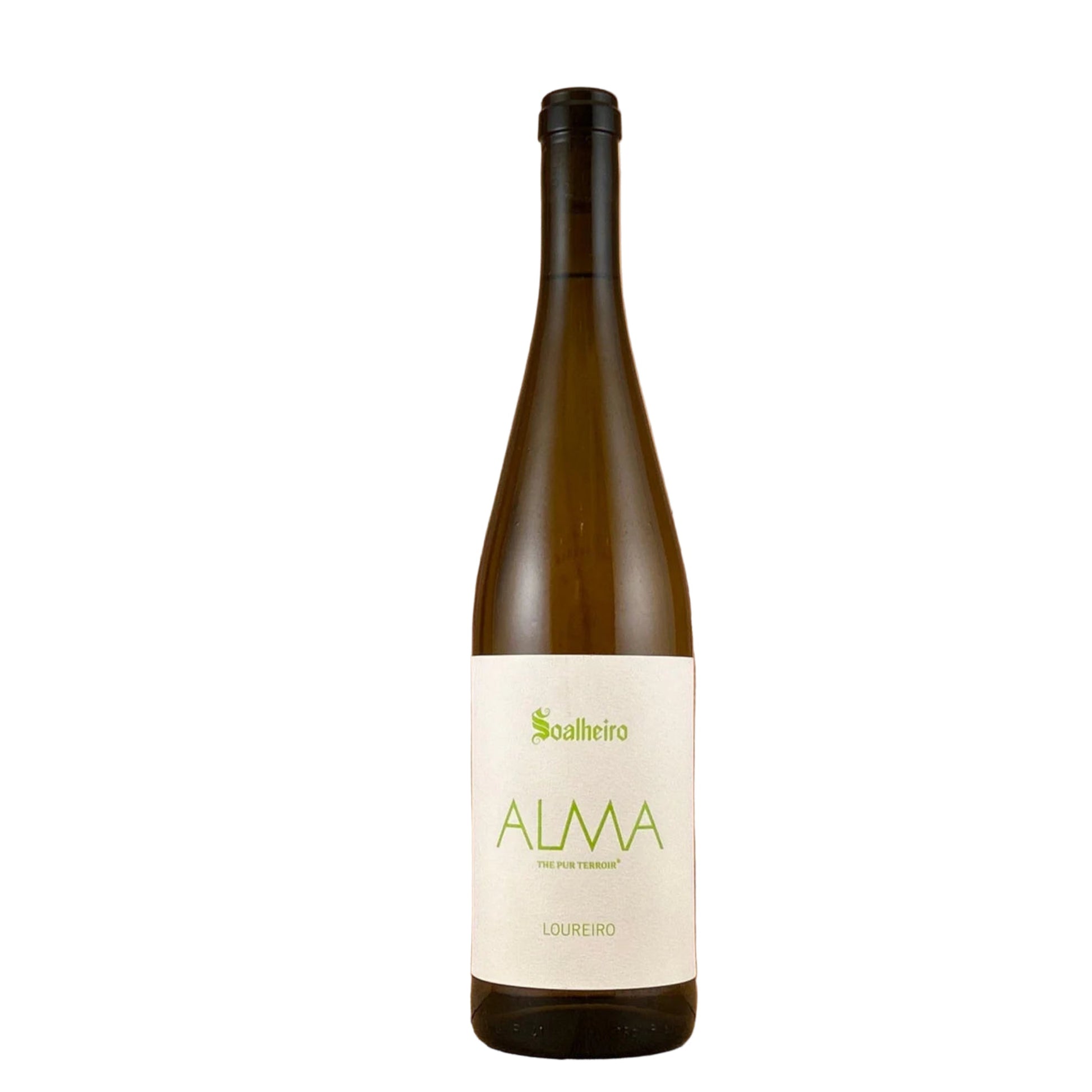 Bottle of Alma wine, white label with green writing on a white background.