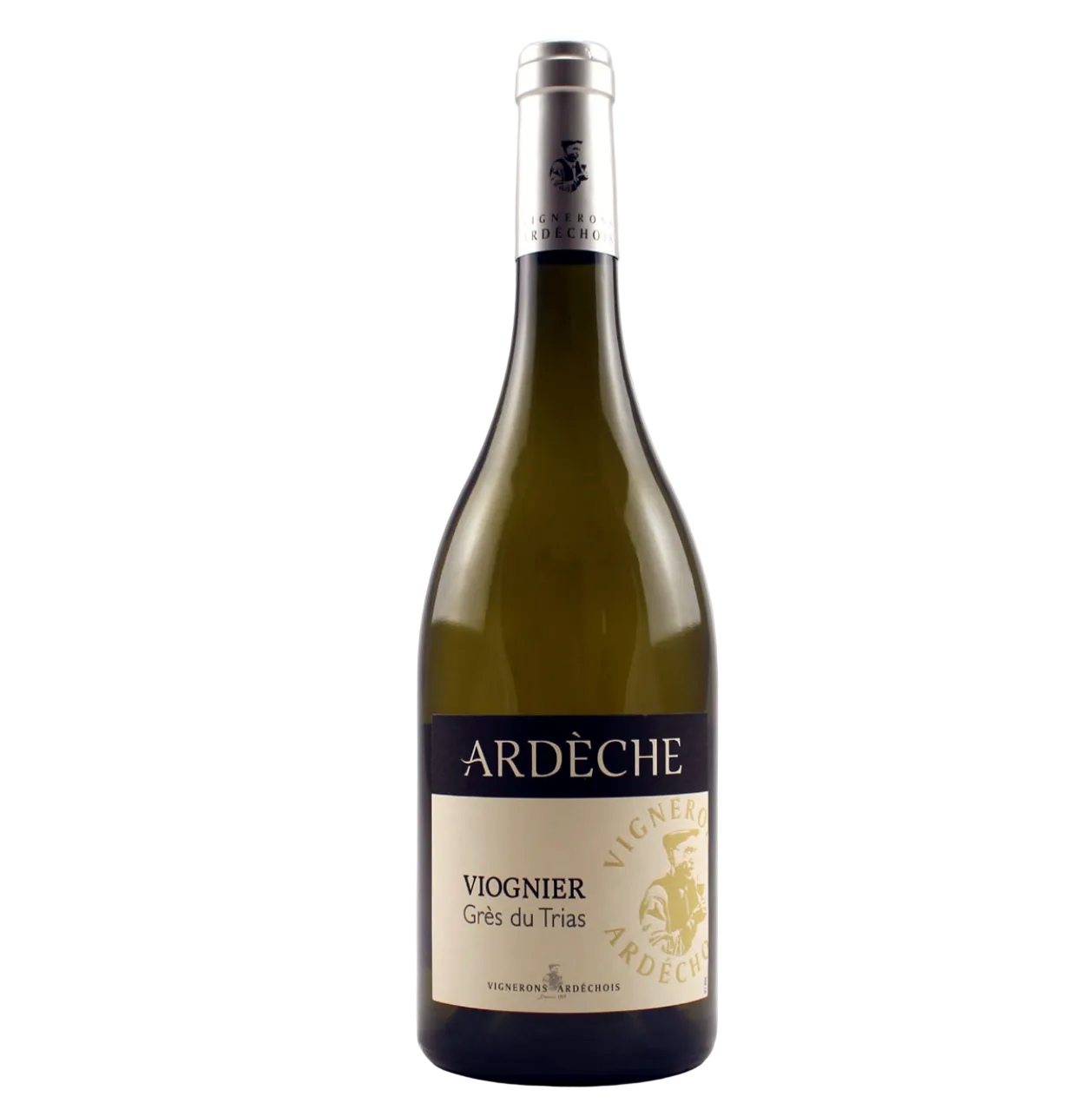 Wine bottle with 'Ardèche' label on a light gray background