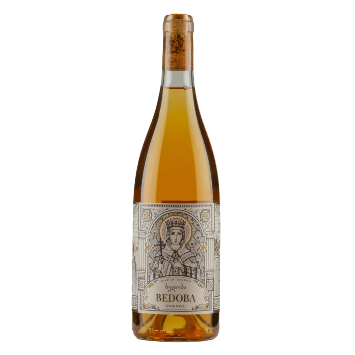 Wine bottle with decorative label of Saint Nina a white background