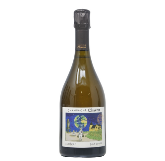 Chavost bottle with playfully illustrated label depicting the Chavot-Courcourt church as if it were on the moon, looking down on earth.