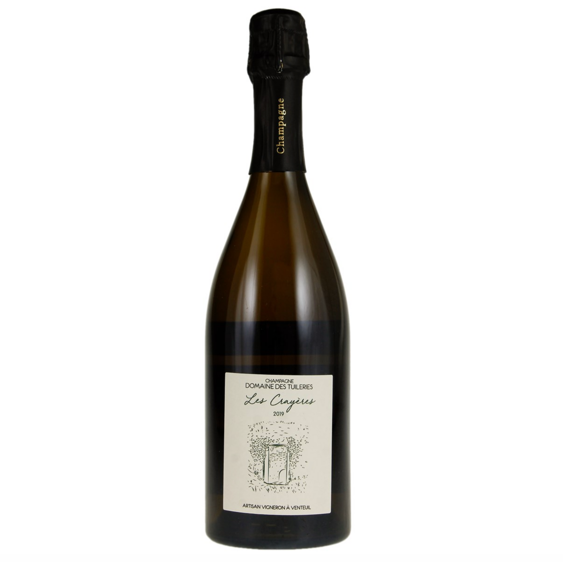 Bottle of Champagne with white label depicting the region's chalk pits