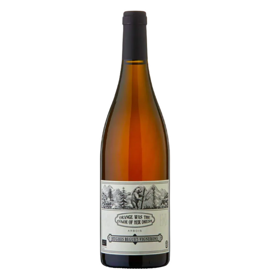 Bottle of ornage wine set against a white background. Label features a lithograph of a bear in the woods.