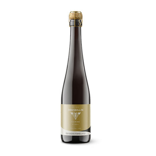 Half size bottle of Inniskillin Sparkling Icewine, bottle has gold label and is set against a white background