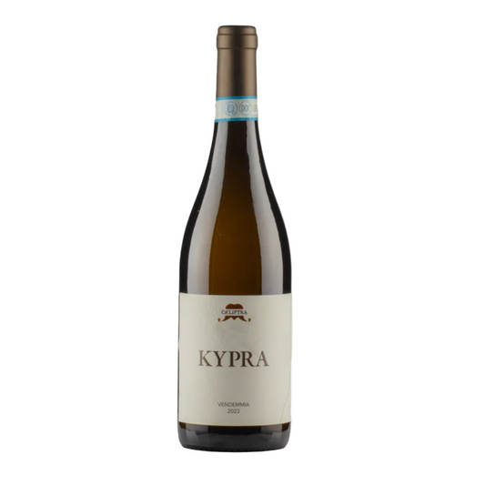 Wine bottle with 'Kypra' label on a white background