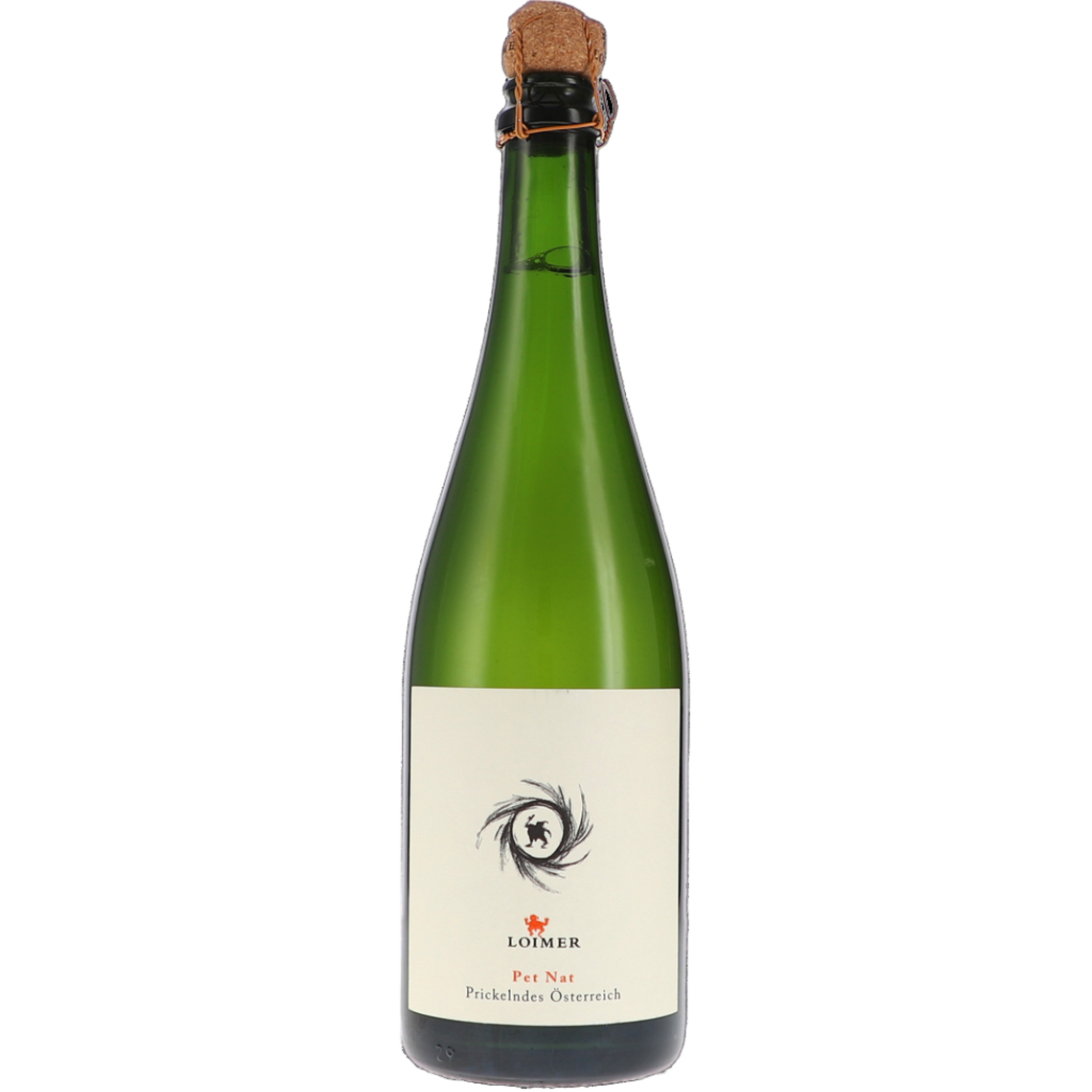 Green glass Champagne bottle with exposed cork on a white background. 