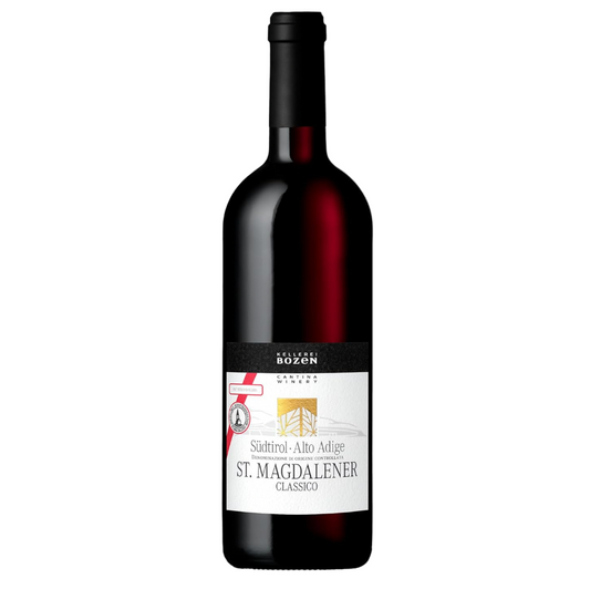 Red wine bottle with a white label on a white background