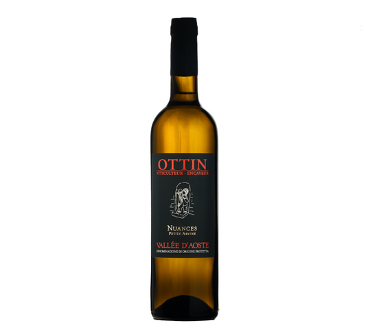 Bottle of OTTIN Nuances Petite Arvine, black label with a white line drawing of a figure emerging from a wine cellar with a barrel on their back