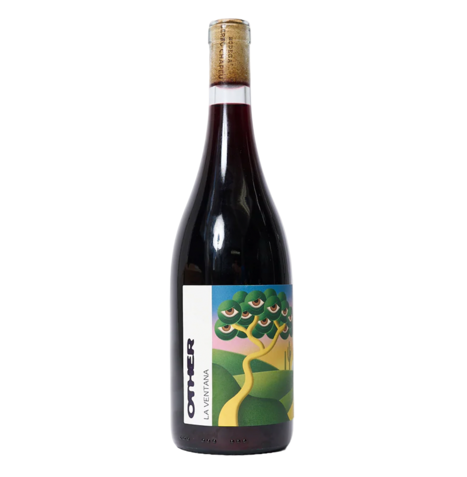 Bottle of La Ventana red wine, clear glass bottle with abstract label featuring a tree with eyeballs for leaves.