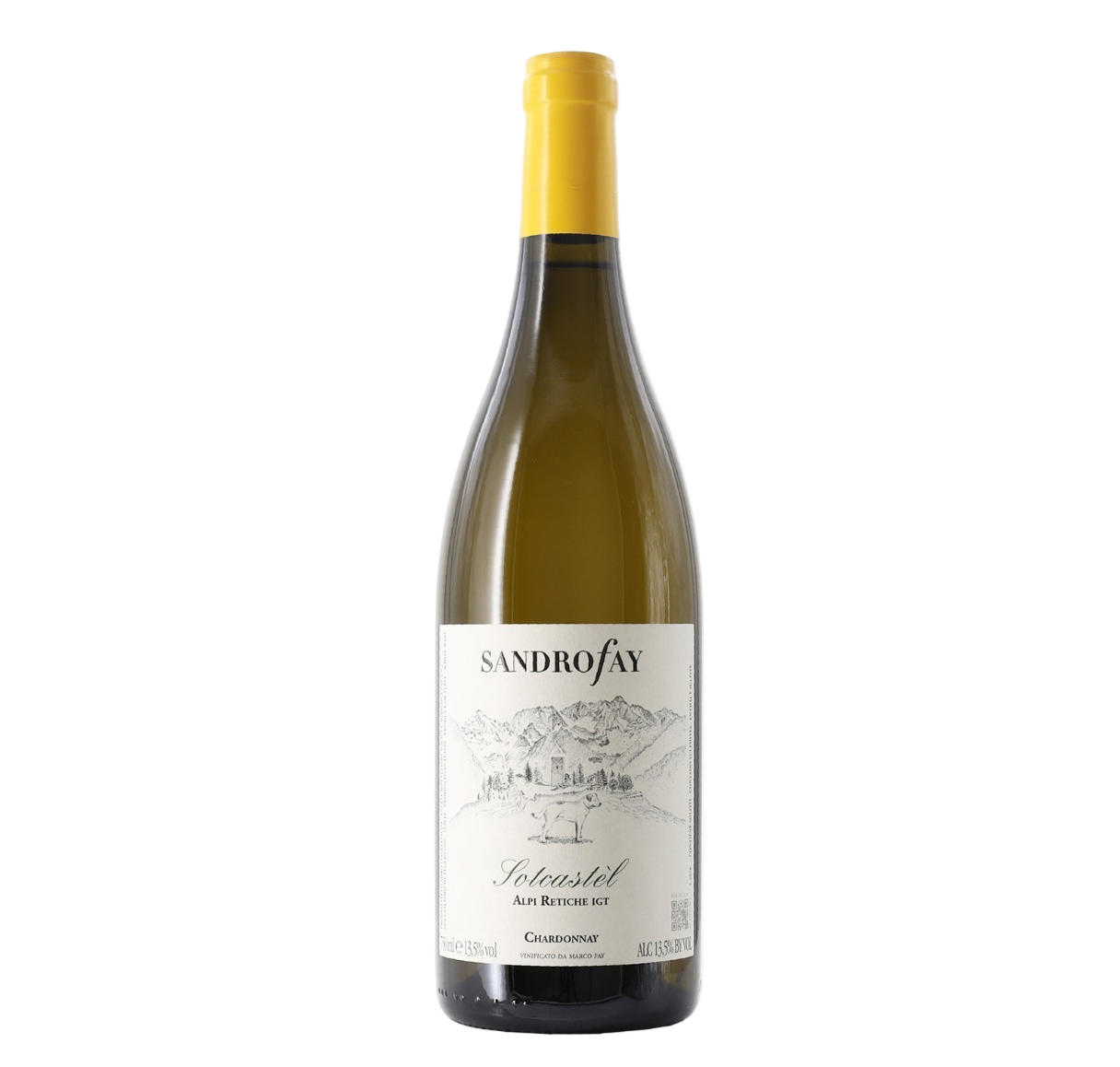 Bottle of Sandro Fay Chardonnay which features an illustration of the mountains where the vines are grown.