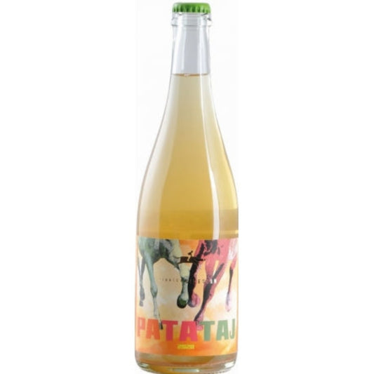Crown capped clear glass champagne bottle with two running horses on the colourful wine label.