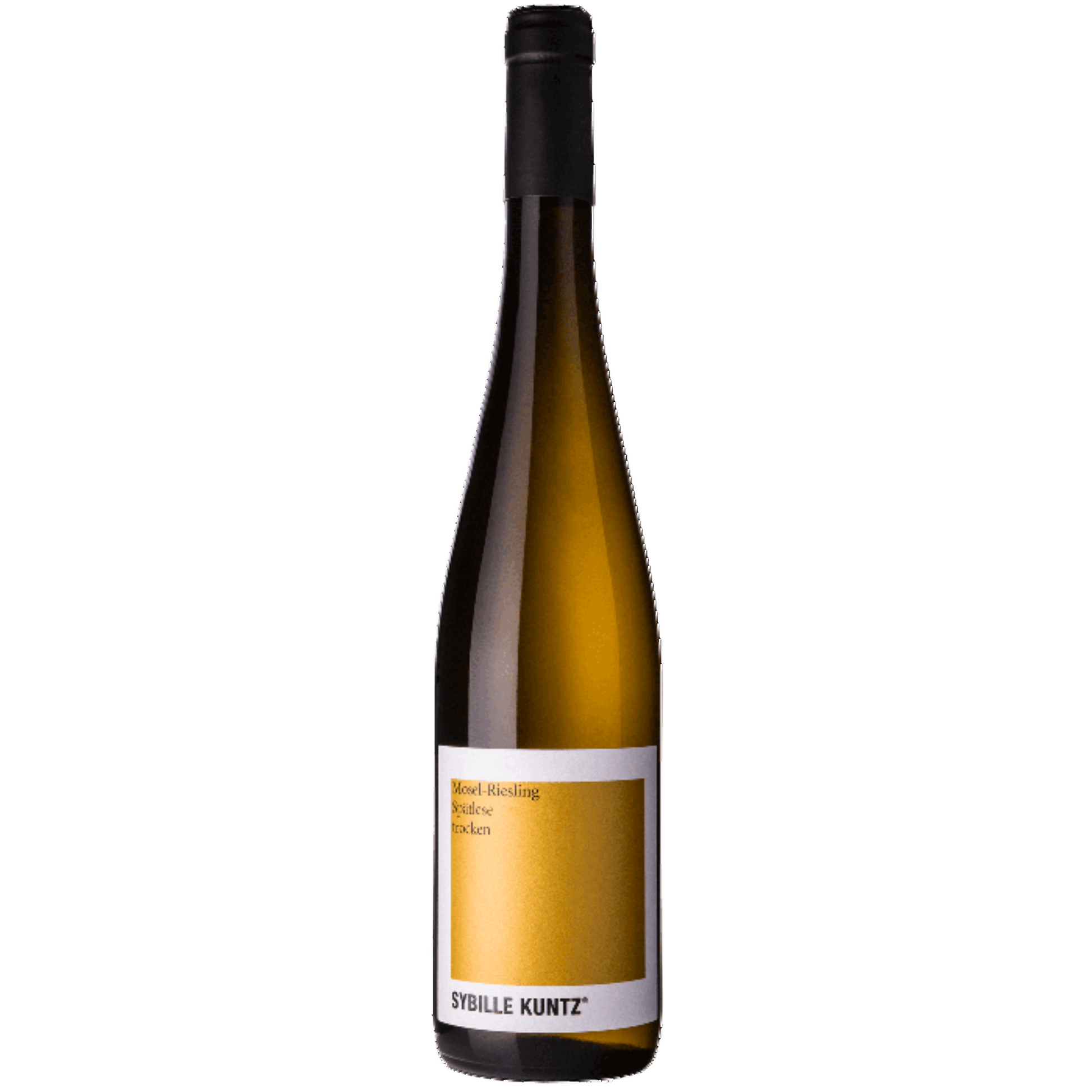 Fluted wine bottle with a yellow label on a white background