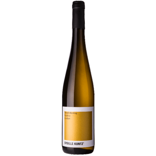 Fluted wine bottle with a yellow label on a white background