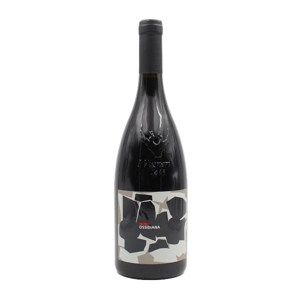 Wine bottle with a black and white label on a white background