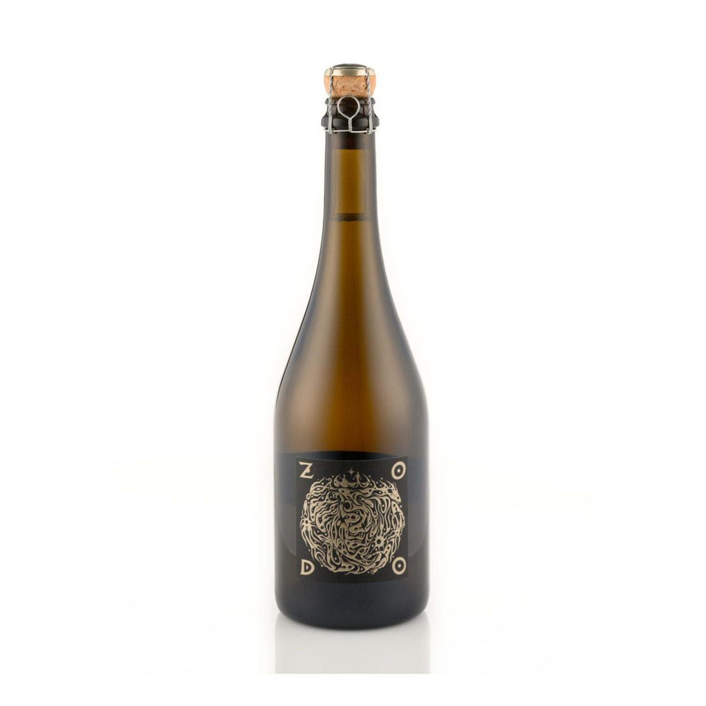 Bottle of Sugrue 'Zodo' 2017 with an exposed cork on a white background